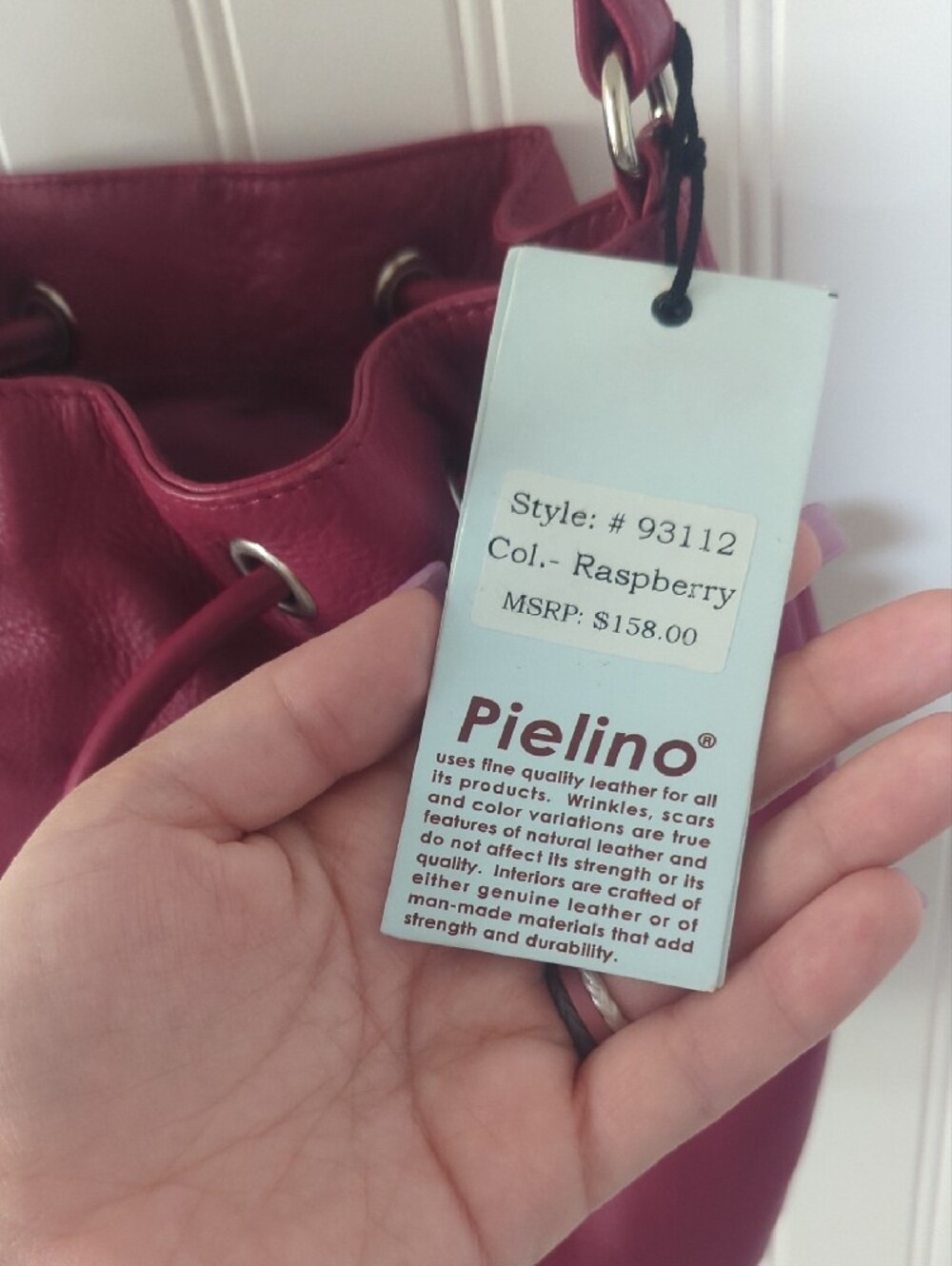 Genuine Leather Raspberry Drawstring Bucket Bag - Picture 10 of 11